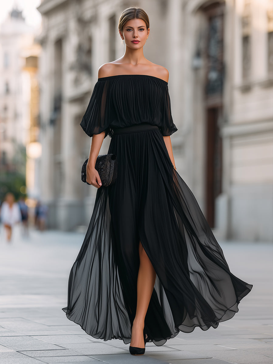Plisseret maxikjole med off-the-shoulder i chiffon