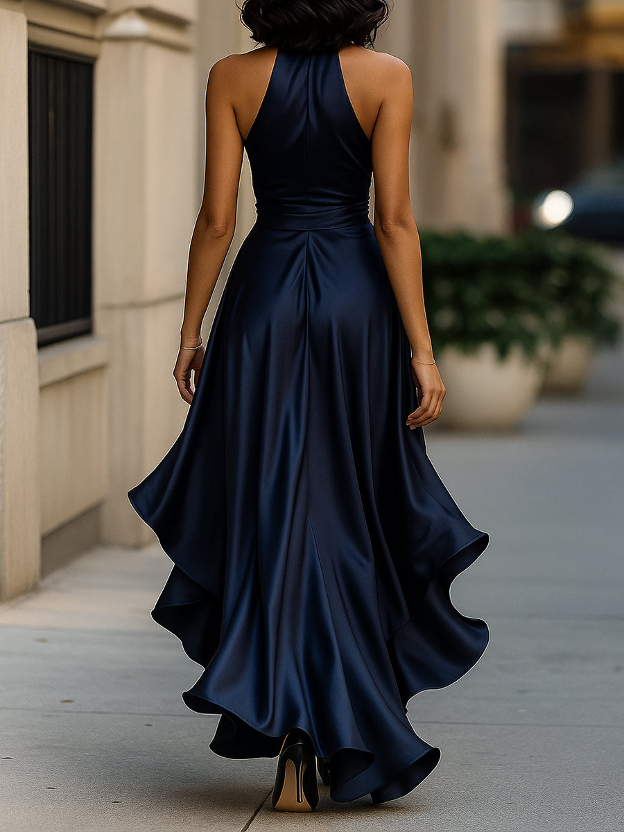 Midnight Elegance Satin Halter Ruffle Dress