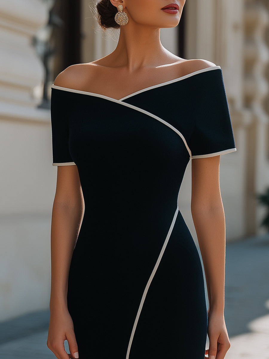 Figursyet kjole med kontrastfarvet kant og off-the-shoulder-design