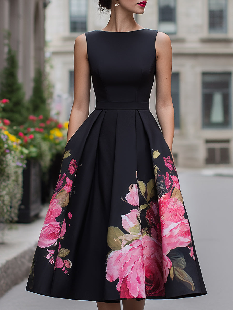 Elegant ærmeløs midikjole med blomsterprintet skørt