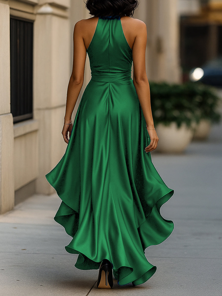 Midnight Elegance Satin Halter Ruffle Dress